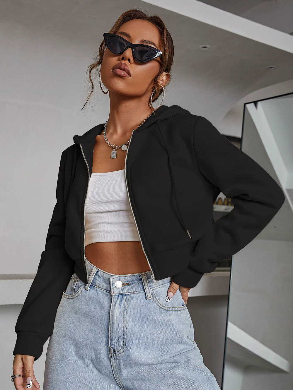 ZARA Trendy Design Cropped Zip Hoodie Spring Summer